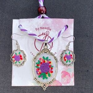 Needles Silver Earrings with Purple and Red Floral Design